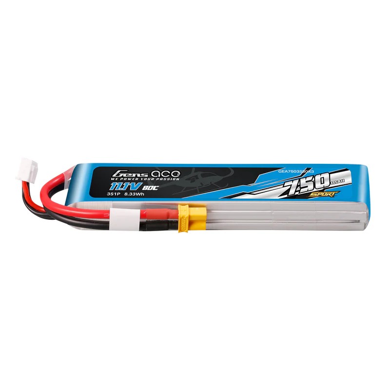 GEA7503S80X3 – GENS ACE 750MAH 11.1V 3S 80C LIPO BATTERY PACK WITH XT30 PLUG (F5J)