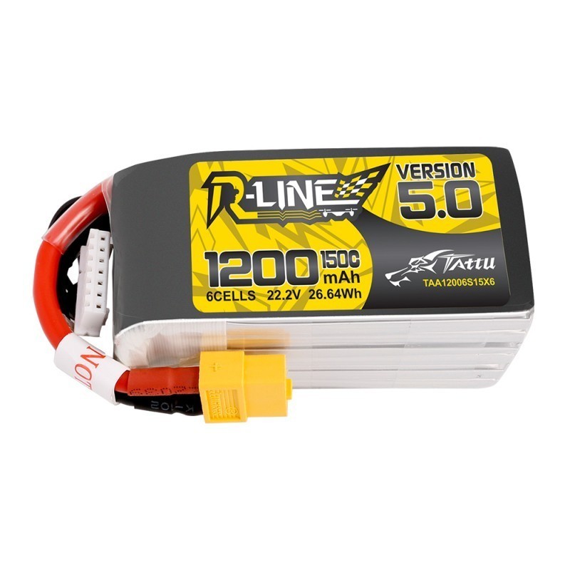 TAA12006S15X6 - Paquete de Baterías Lipo Tattu R-Line Versión 5.0 1200mAh 22.2V 150C 6S con Conector XT60 TAA12006S15X6 - Paquete de Baterías Lipo Tattu R-Line Versión 5.0 1200mAh 22.2V 150C 6S con Conector XT60